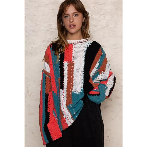 POL Geometric Color Block Design Round Neckline Oversized Sweater | Red/Ivory - Picture 8 of 9